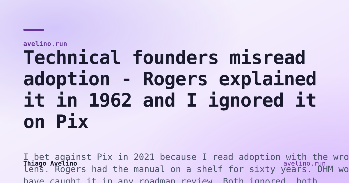 avelino.run - Technical founders misread adoption - Rogers explained it in 1962 and I ignored it on Pix